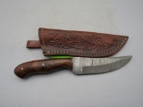 Damascus Fixed Blade Knife With Tooled Leather Sheath