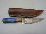 Damascus Fixed Blade Knife With Tooled Leather Sheath