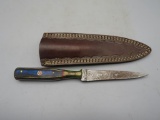 Damascus Fixed Blade Knife With Tooled Leather Sheath