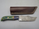 Damascus Fixed Blade Knife With Tooled Leather Sheath