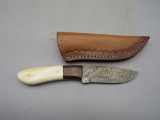 Damascus Fixed Blade Knife With Tooled Leather Sheath