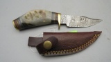 Damascus Fixed Blade Knife With Tooled Leather Sheath