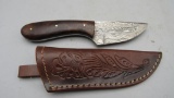 Damascus Fixed Blade Knife With Tooled Leather Sheath