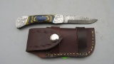 Damascus Folding Blade Knife With Tooled Leather Sheath