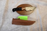 Damascus Steel Fixed Blade Knife with Tooled Leather Sheath