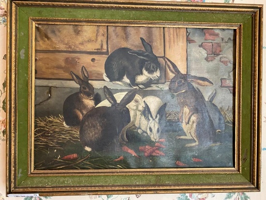 Oil on Canvas depicting 7 Rabbits Eating Carrots