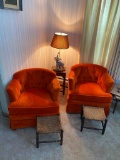 (2) Barrell Chairs, (2) Rush Footstools, End Table and Elephant Table Lamp