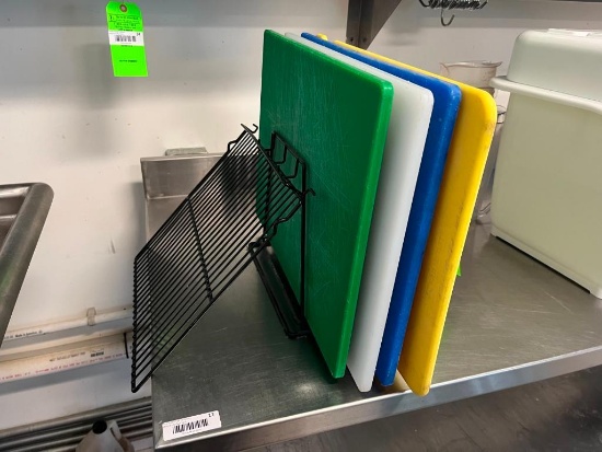 (7) Poly Cutting Boards & Rack