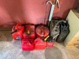 (6) Gas Cans, (2) Jerry Cans, (1) Spout & Barrel Pump