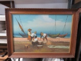 Oil on Canvas Painting Mediterranean Beach Scene