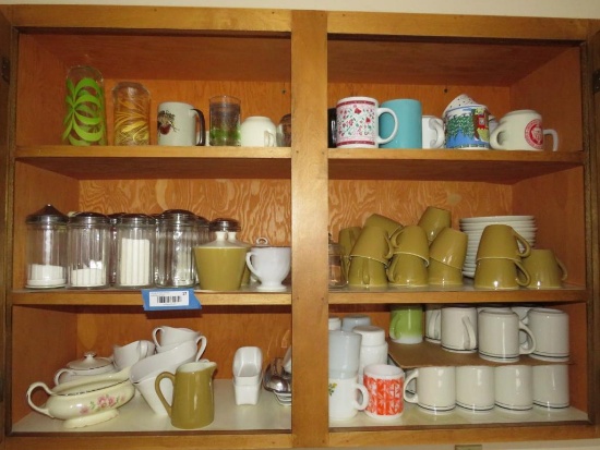 (50+/-) Coffee Cups, Creamers & Sugar Dispensers