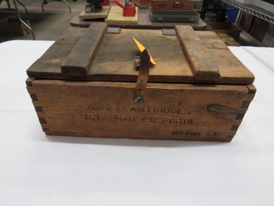 Vintage Wood Ammo Box with Leather Strapping