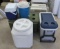 (4) Coolers & (1) Poly Storage Bin