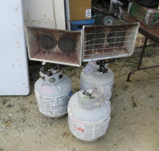 (3) Propane Tanks W/ (2) Dual Burner Propane Heaters