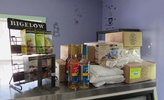 (7) Boxes Coffee Grounds, Asst. Teas & Syrups