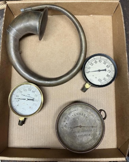 (3) Vintage Pressure Gauges & Brass Horn