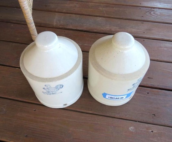 (2) Stoneware Crock Poultry 1 Gal. Feeder