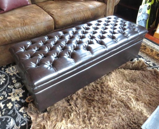 Mahogany Colored Leather Ottoman w/ Contents
