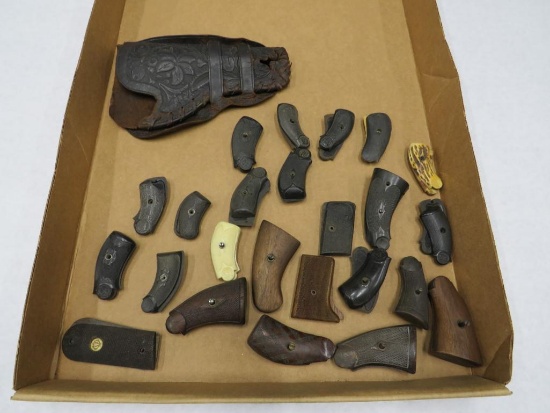 (24) Pairs of Antique and Vintage Handgun Grips & Tooled Leather Revolver Holster