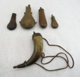 (5) Pcs. Antique Powder Horn & Flasks