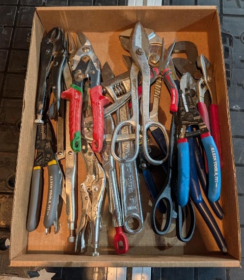 (17pcs.) Locking Pliers, Wire Strippers, Adjustable Wrench, Tin Shears, More