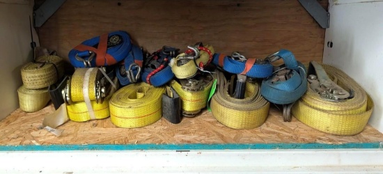 (8+/-) Assorted Size Ratchet Straps and Box of Bungee Cords
