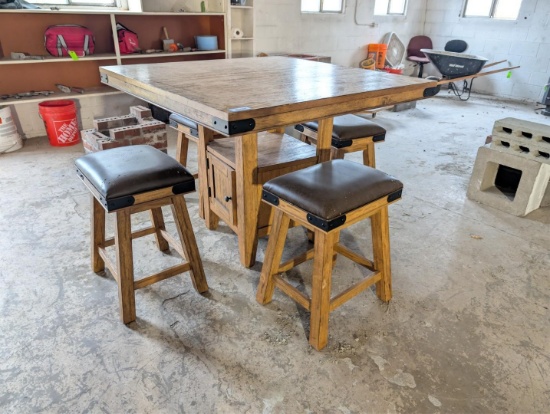 Oak Finish 4-Top Table w/ Stools
