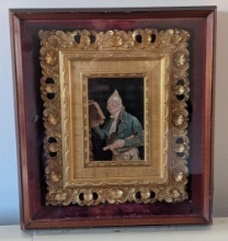 19th Cen. Genre Painting in Heavy Carved Frame