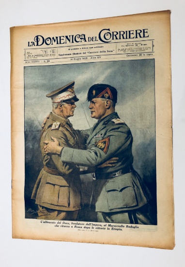 TWO 1936 Italian Newspapers with MUSSOLINI and NAZI PARTY Color Front Page Illustrations