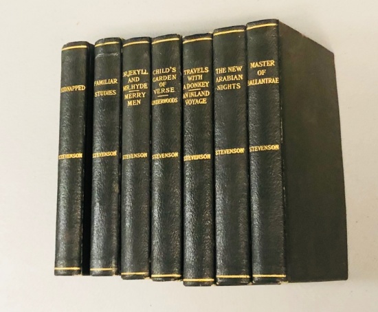 Lot of SEVEN Works of Robert Louis Stevenson - The Medallion Edition (1916) Dark Green Leather