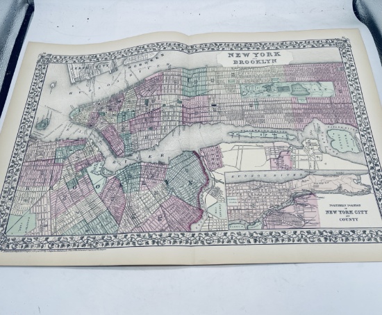 LARGE 26"x16" 1877 Map of New York City and Brooklyn