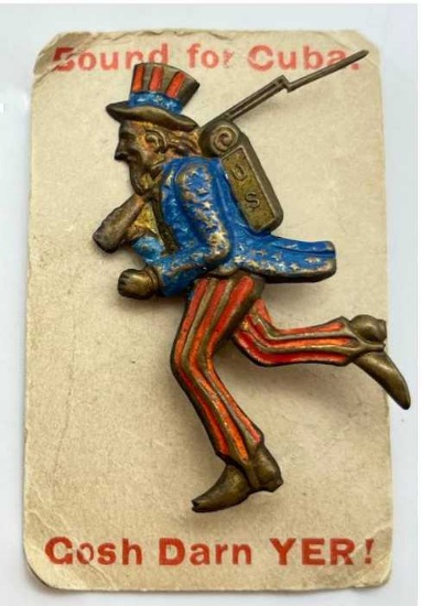 RAREST Spanish American War Pin with Uncle Sam and Card (c.1898)