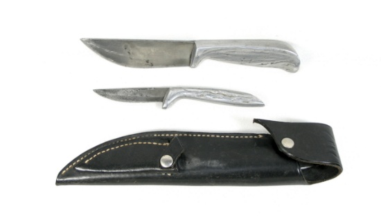 BARTEAUX Portland OR. Custom handmade 2-knife set w/sheath.  7  and  9-1/8"