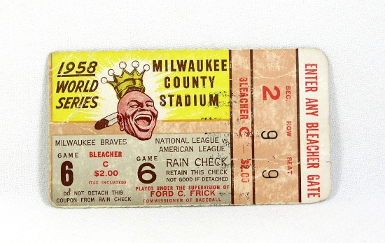 1958 World Series Milwaukee Braves vs New York Yankees Admission Ticket Stu
