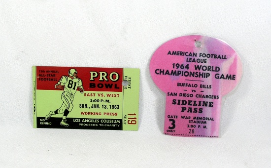 1963 NFL Pro Bowl Ticket Stub and 1964 AFL Championship Game Sideline Pass.