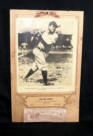 1945 Advertising Calendar with Vintage 8" x 10" Babe Ruth Photo Attached. P