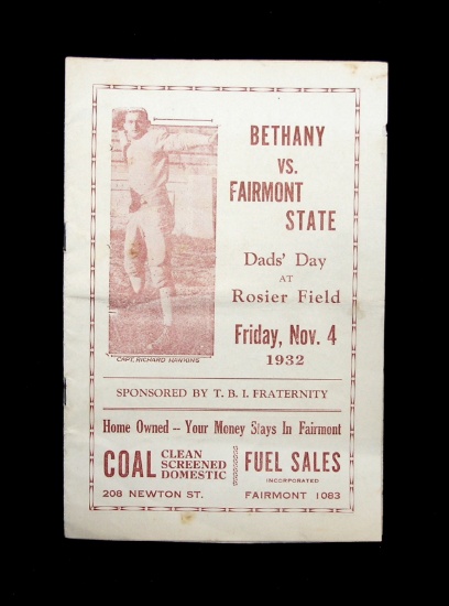 1932 Bethany Vs Fairmont State Program Unscored.  6" x 9"