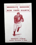 1940 Brooklyn Dodgers Vs New York Giants Game Program Sunday November 3rd,