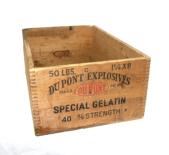 Early Century DuPont Explosives Wood Crate. 50 lbs, of "Special Gelatin" Ex