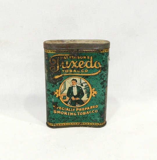 Antique 1900's Pattersons "Tuxedo" curved Pocket Tobacco Tin.  Specially Pr