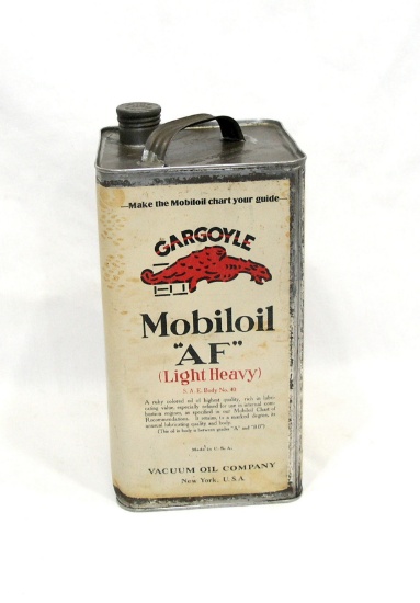 Early 1900s Gargoyle Mobiloil "AF" Light Oil 1-Gallon Square Oil Can. Some