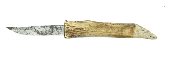 Handcarved Deer Antler Knife, with Carved figural Eagle head. Carved Handle