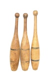 Three One Pound Early 1900s Wooden Juggling pins  Two at 15-1/4