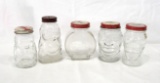 (5) Figural Glass Banks. All with Lids. Nash's Prepared Mustard Lucky Joe B