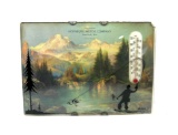 1939 Scenic Wilderness Advertising Thermometer. Has Cool Silhouette Fishing