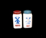 Vintage McKee Milk Glass Dutch Windmill Salt and Pepper Shaker Set.  4-1/2