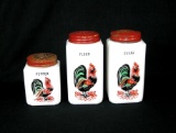 (3) Vintage McKee Milk Glass Tipp Rooster Spice Shaker Jars. Sugar and Flou