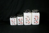 (4) Vintage McKee Milk Glass Spice Shakers with Climbing Vine Flowers. Cinn