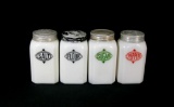 (4) Vintage McKee Milk Glass Spice Shakers with Badge Décor. Flour, Pepper,