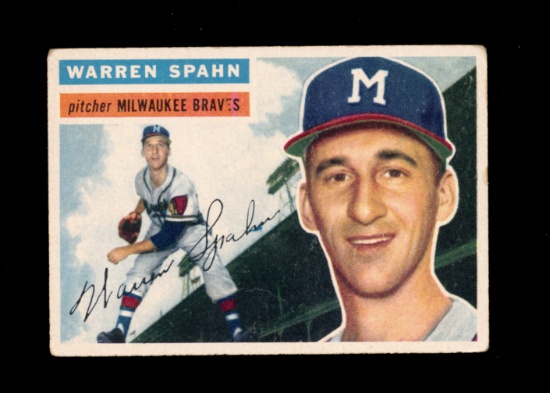 1956 Topps Baseball Card #10 Hall of Famer Warren Spahn Milwukee Braves. VG